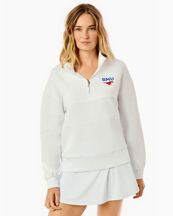 'On model product image of Collegiate Soft Luxe Varsity Quarter Zip in SMU Super White'