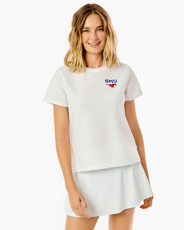 'On model product image of Collegiate Active Mesh Walnut Short Sleeve in SMU Super White'