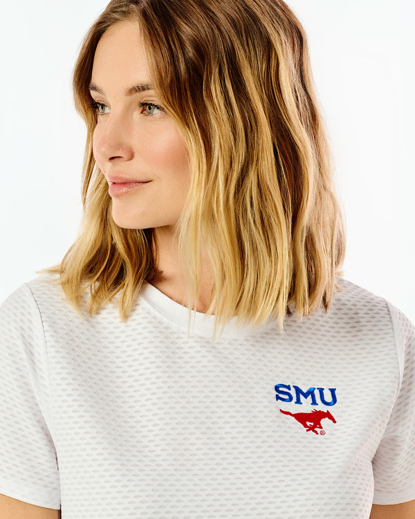 'On model product image of Collegiate Active Mesh Walnut Short Sleeve in SMU Super White'