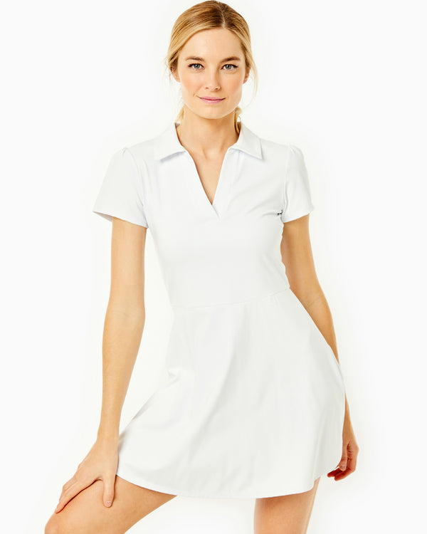 'On model product image of Smooth Sport Collared Short Sleeve Cricket Active Dress in Super White'