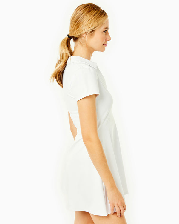 'On model product image of Smooth Sport Collared Short Sleeve Cricket Active Dress in Super White'