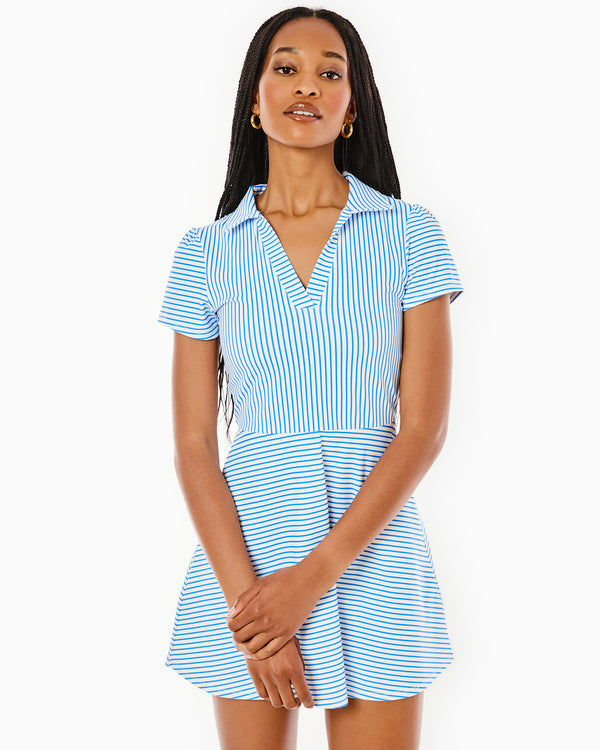 'On model product image of Smooth Sport Collared Short Sleeve Cricket Active Dress in Super White/Cerulean Stripe'