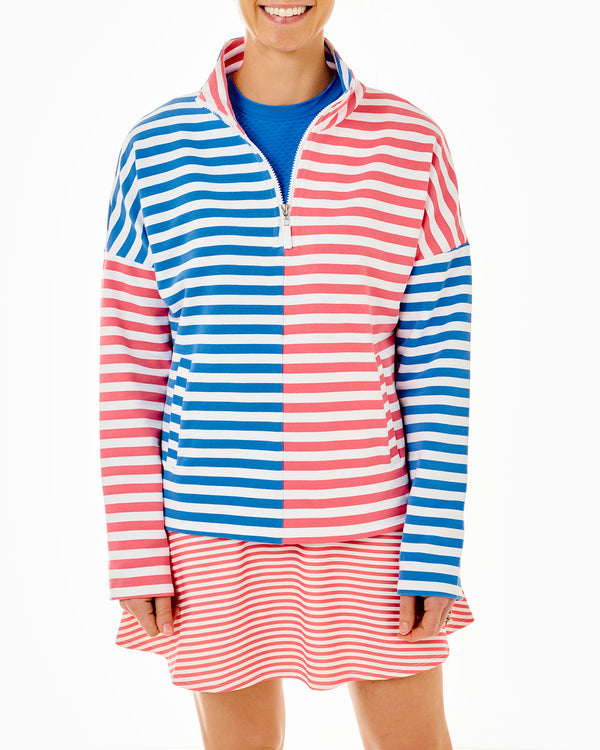 'On model product image of Soft Luxe Delancey Pullover Sweatshirt in Guava/Cerulean Stripe'