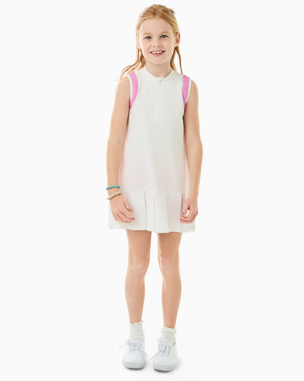 'On model product image of Delaney Tennis Dress X Cecil & Lou in Super White/Bubblegum'