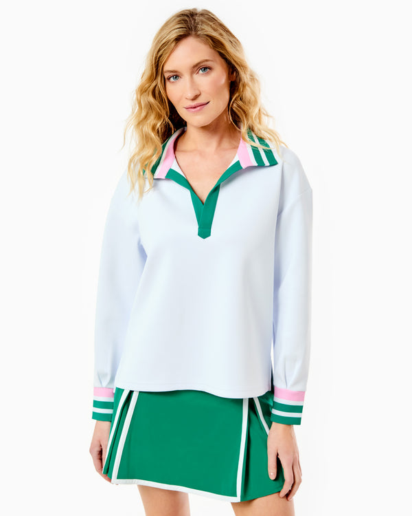 'On model product image of Scuba Light Easy Rugby Sweatshirt in Super White/Greenbrier/Bubblegum'