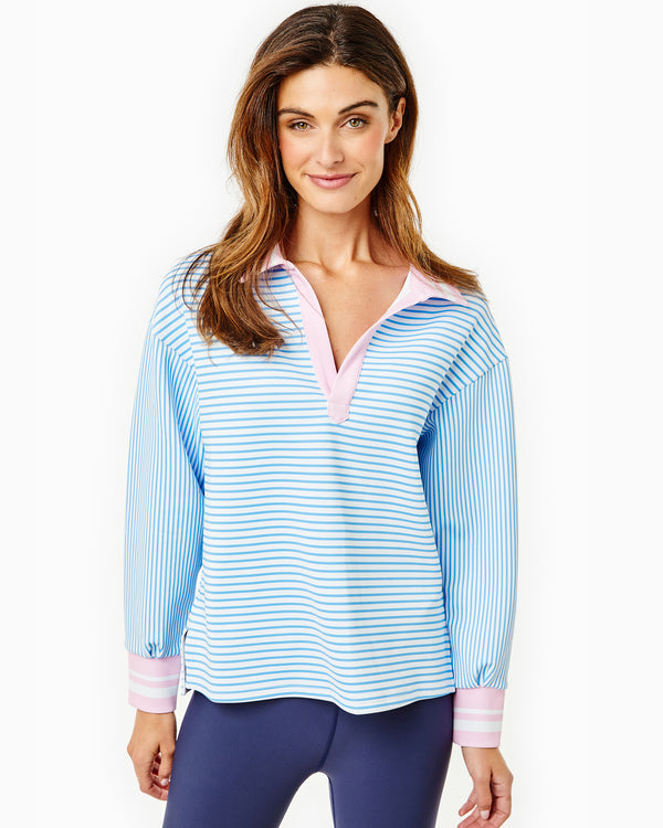 'On model product image of Scuba Light Easy Rugby Sweatshirt in White/Matisse/Petal'