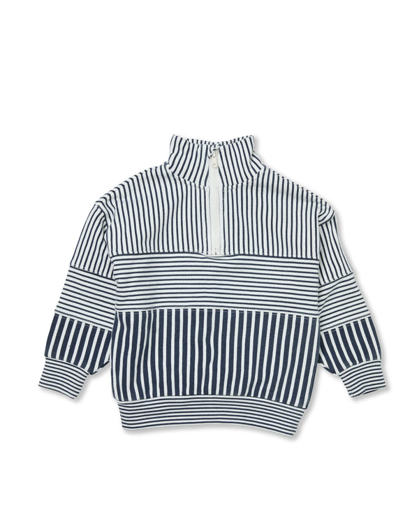 'On model product image of Everyday Terry Eddie Kids Quarter Zip x Mary Orton Sweatshirt in Ivory/Navy Stripe-Final Sale'