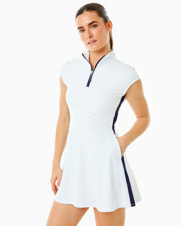'On model product image of Smooth Sport Short Sleeve Everglade Active Dress in Super White'