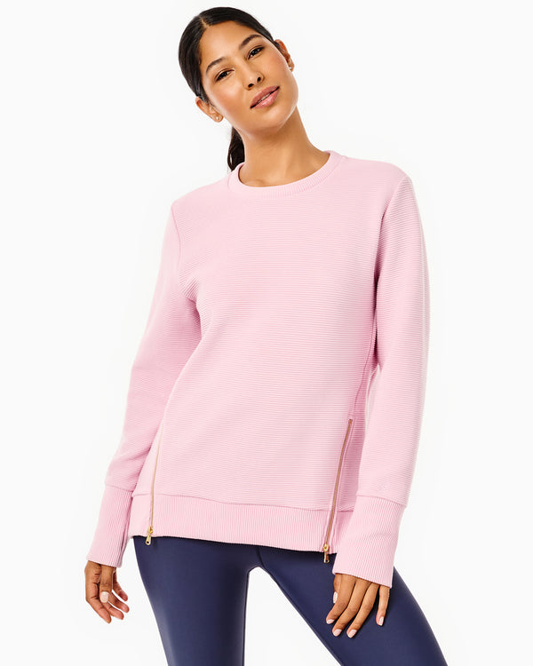 'On model product image of Active Rib Zip Everyday Crewneck Sweatshirt in Petal'