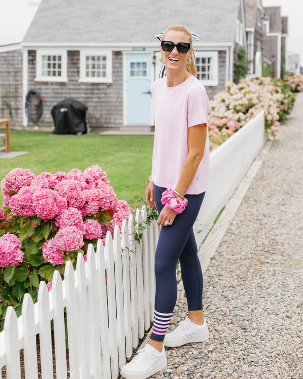 'On model product image of Sculpt Compression High-Rise Everyday Legging in Navy/Petal/Bubblegum'