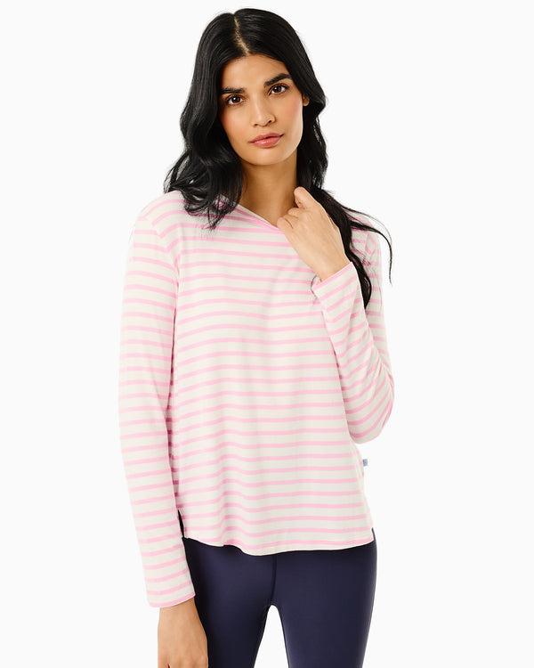 'On model product image of Drape Luxe Everyday Long Sleeve in Bubblegum Stripe'