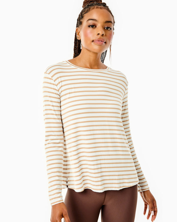 'On model product image of Drape Luxe Everyday Long Sleeve in Latte Stripe'
