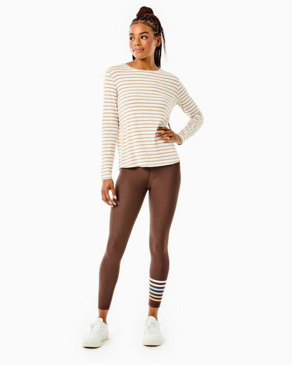 'On model product image of Drape Luxe Everyday Long Sleeve in Latte Stripe'