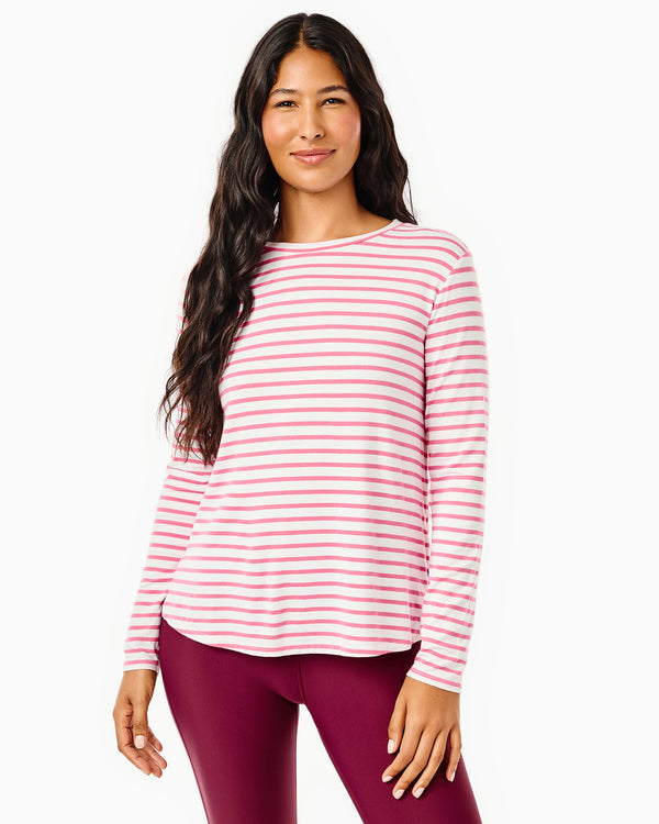 'On model product image of Drape Luxe Everyday Long Sleeve in Rose Stripe'