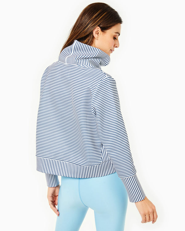 'On model product image of Polished Double Knit Everyother Day Pullover in Navy/White Stripes'