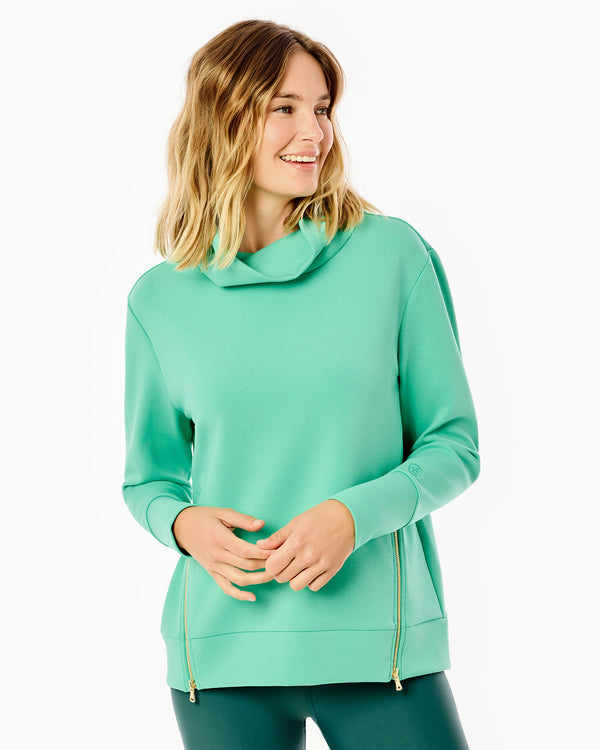 'On model product image of Polished Double Knit Zip Everyday Pullover in Sage'