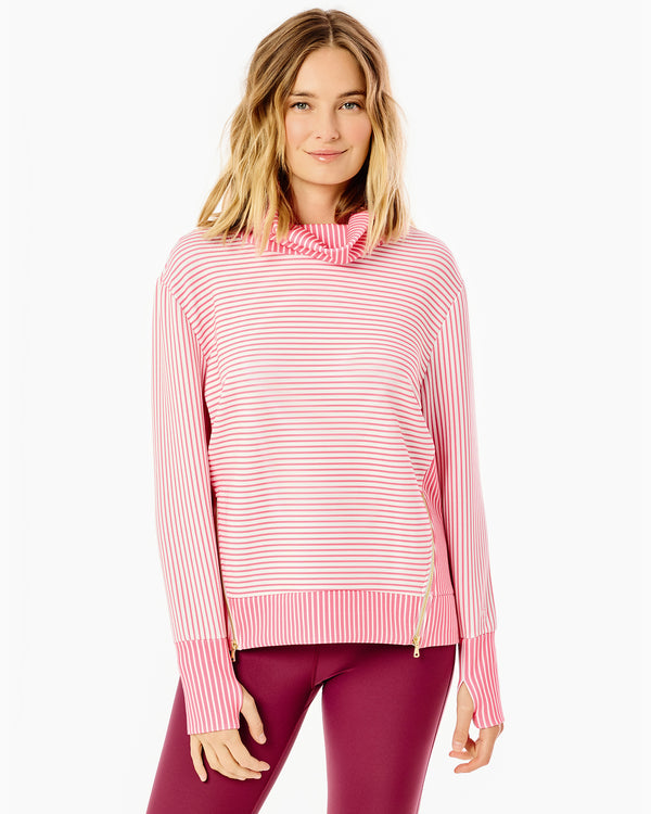 'On model product image of Polished Double Knit Zip Everyday Pullover in Super White/Rose Stripe'
