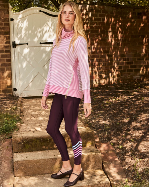 'On model product image of Polished Double Knit Zip Everyday Pullover in Super White/Rose Stripe'