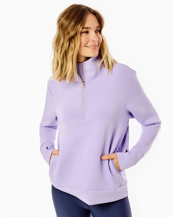 'On model product image of Polished Double Knit Everyday Quarter Zip in Lavender'