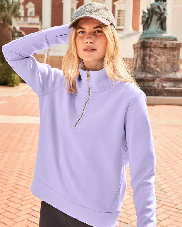 'On model product image of Polished Double Knit Everyday Quarter Zip in Lavender'