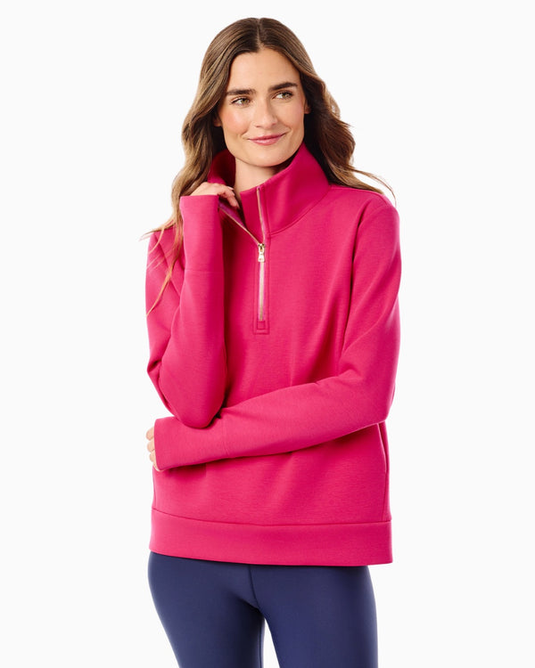 'On model product image of Polished Double Knit Everyday Quarter Zip in Berry'