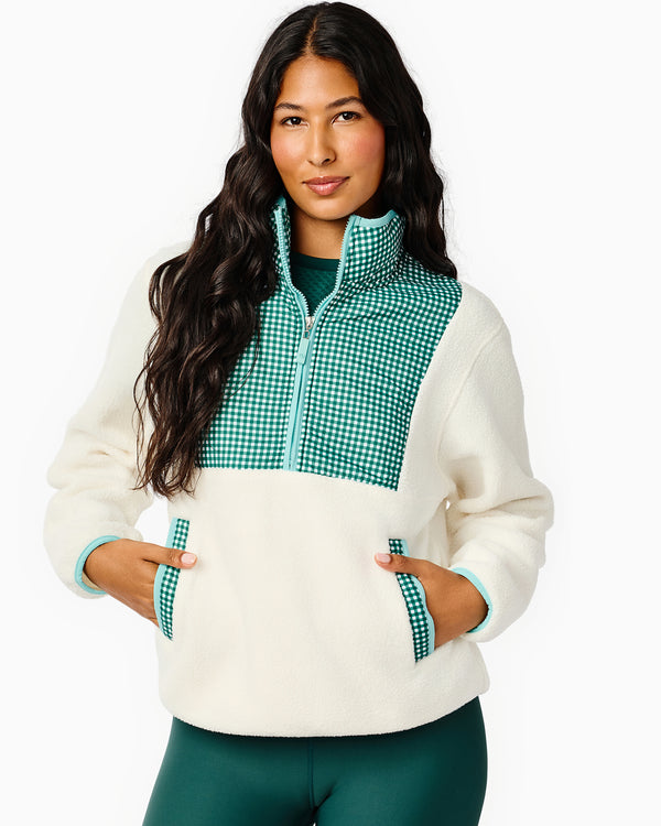 'On model product image of Fleece Everyday Sherpa Outerwear in Cream/Ivy Gingham'
