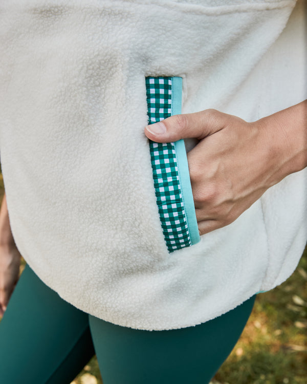 'On model product image of Fleece Everyday Sherpa Outerwear in Cream/Ivy Gingham'