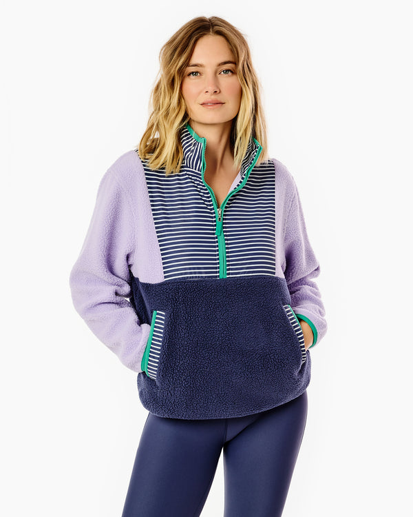 'On model product image of Fleece Everyday Sherpa Outerwear in Lavender/Navy/Navy Stripe'
