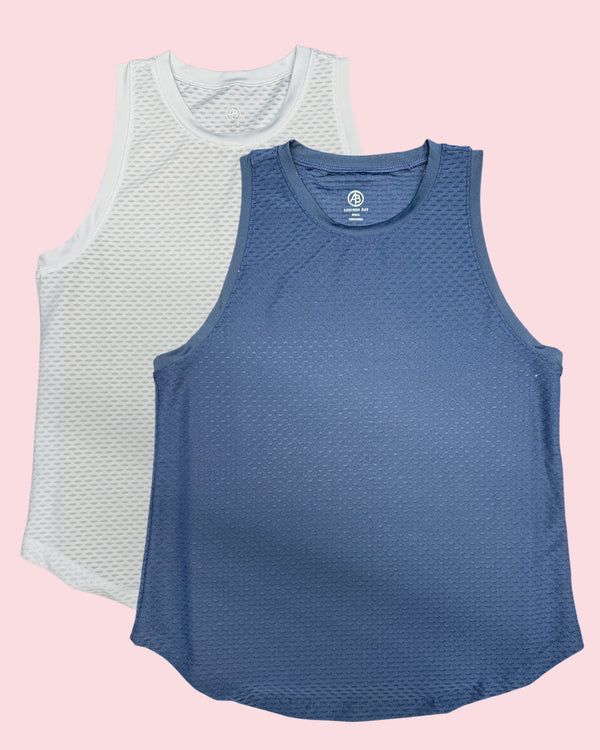 'On model product image of Active Mesh Everyday Tank Bundle in Navy/Super White'