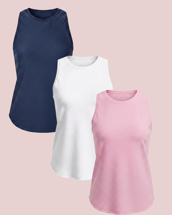 'On model product image of Active Mesh Everyday Tank Bundle in Navy/Super White/Bubblegum'