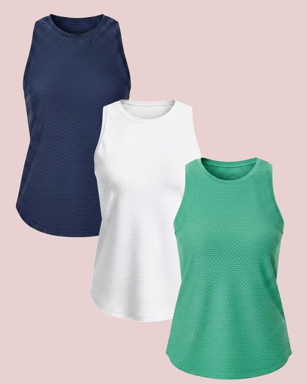 'On model product image of Active Mesh Everyday Tank Bundle in Navy/Super White/Palm'