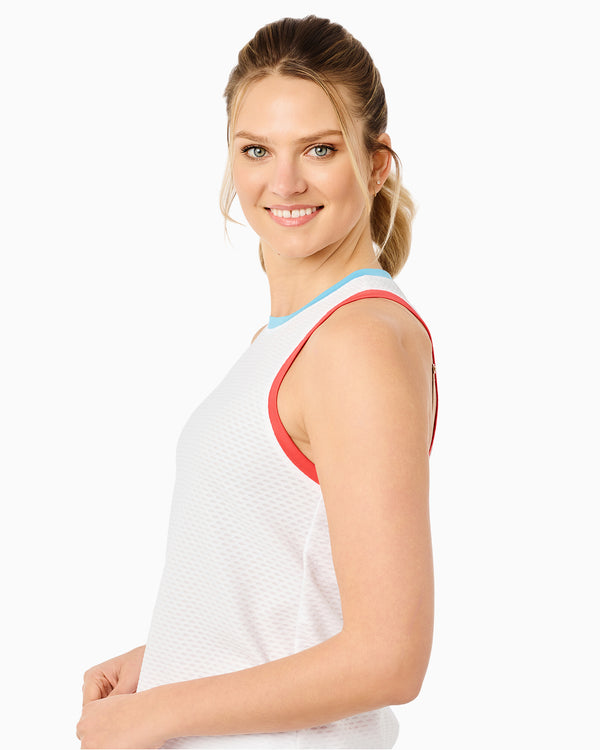 'On model product image of Active Mesh Everyday Tank in Super White/Ruby'