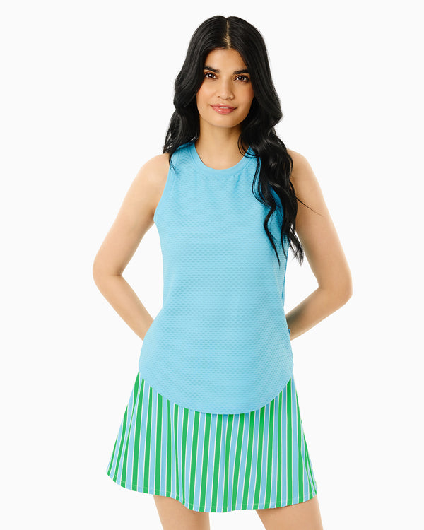 'On model product image of Active Mesh Everyday Tank in Vintage Blue'