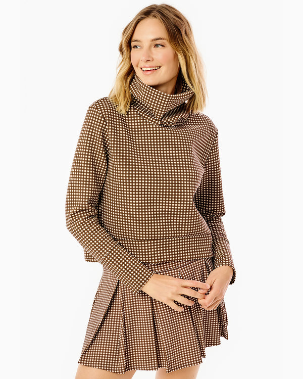 'On model product image of Polished Double Knit Everyother Day Pullover in Chocolate Gingham'