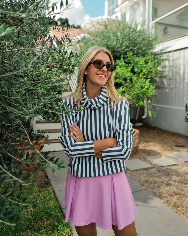 'On model product image of Polished Double Knit Everyother Day Pullover in Ivy Cabana Stripe'
