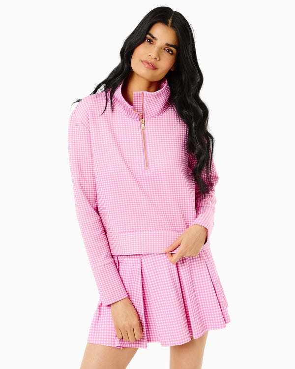 'On model product image of Polished Double Knit Everyother Day Quarter Zip Sweatshirt in Orchid Gingham'