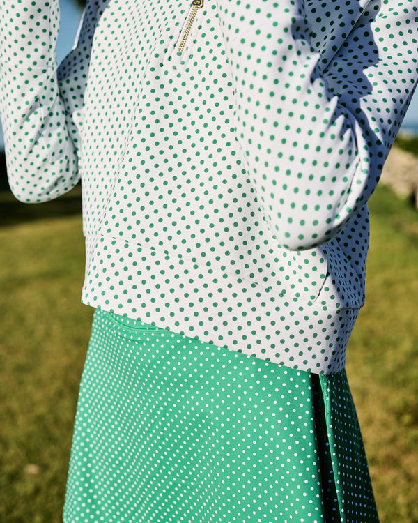 'On model product image of Polished Double Knit Everyother Day Quarter Zip Sweatshirt in Palm Dottie'