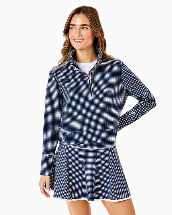 'On model product image of Polished Double Knit Everyother Day Quarter Zip Sweatshirt in Navy Gingham'