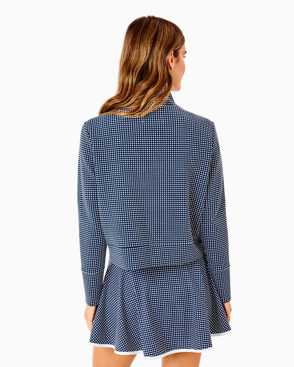 'On model product image of Polished Double Knit Everyother Day Quarter Zip Sweatshirt in Navy Gingham'