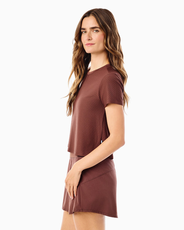 'On model product image of Active Mesh Everyother Day Short Sleeve in Milk Chocolate'