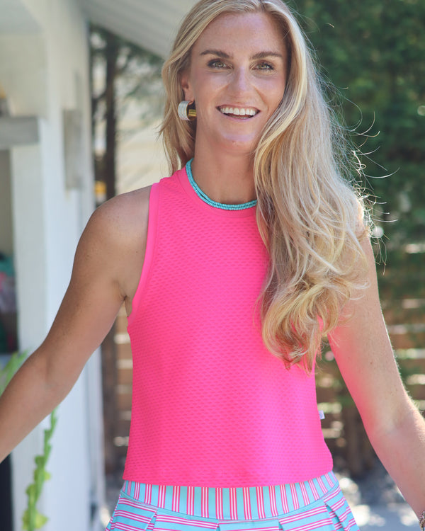 'On model product image of Active Mesh Everyother Day Tank in Bright Pink'