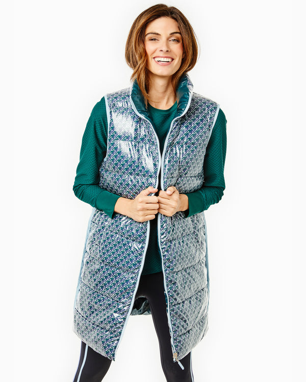 'On model product image of Everywhere Reversible Puffer Vest in Stars Ivy'