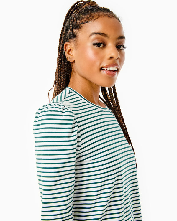 'On model product image of Cotton Mix Midweight Fairmount Long Sleeve in Super White/Ivy Stripe'