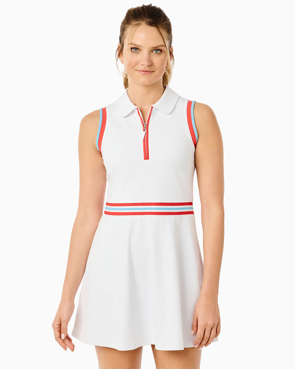 'On model product image of Smooth Sport Fairway Active Dress in Super White/Ruby'