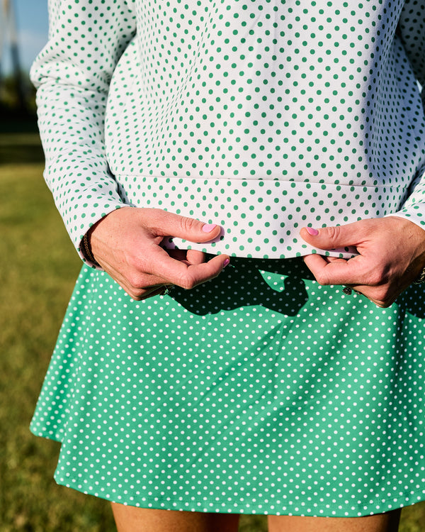 'On model product image of Smooth Sport 14in Flounce Skort in Inverse Palm Dottie'