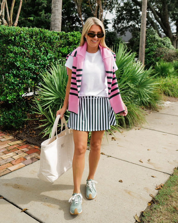 'On model product image of Smooth Sport 14in Flounce Skort in Ivy Cabana Stripe'