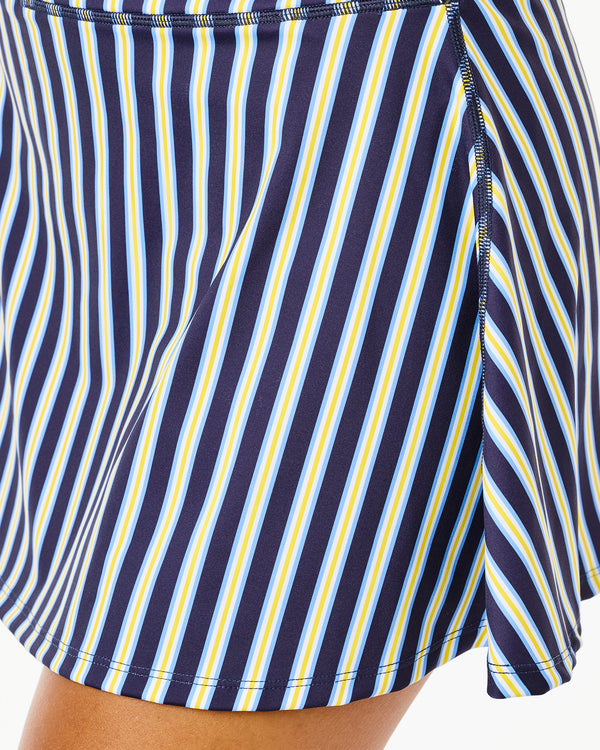 'On model product image of Smooth Sport 14in Flounce Skort in Soul Triple Stripe'