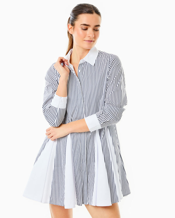 'On model product image of Cotton Poplin Long Sleeve Button Down Gable Dress in Super White/Navy Stripe'