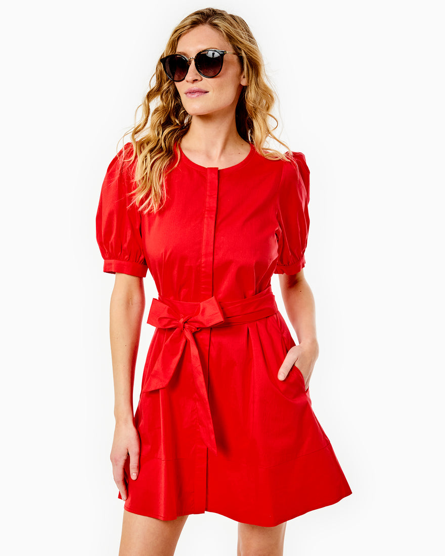 Model is wearing the Galley Dress in Cerulean
