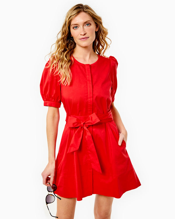 Model is wearing the Galley Dress in Poppy.